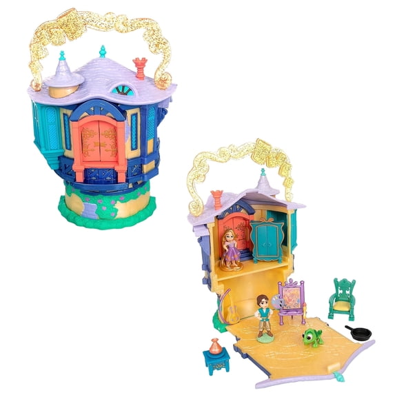 Disney Store Official Princess Micro Toy Set Tangled Set Includes Micro Figures of Rapunzel, Flynn, Pascal, & her Tower Portable Playset with Handle Perfect for Fans of Disney Princesses