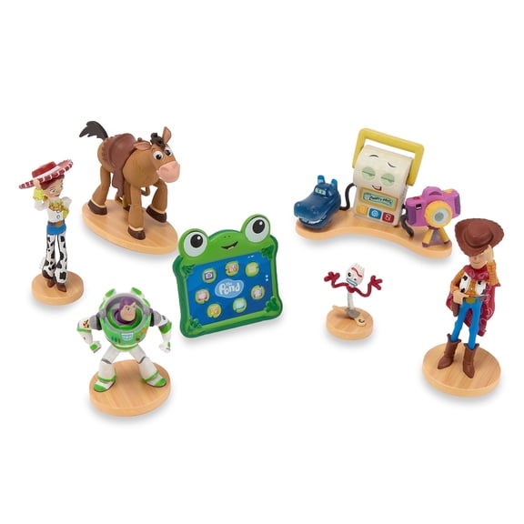 Disney Store Official Toy Story 5 Figure Set 7 Fully Sculpted Disney Figures Including Woody, Buzz, Forky, Lilypad, Bullseye, Jessie & Tech Trio in Double-Tiered Box with Scenic Backgrounds