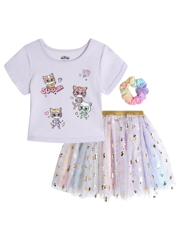 Super Kitties Bitsy Buddy Ginny T-Shirt, Tutu Tulle Skirt and Scrunchie 3 Piece Outfit Set Toddler to Big Kid