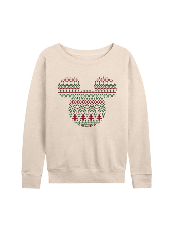 - Sweater Mickey Ears Women's Lightweight French Terry Wide Neck Long Sleeve Graphic Shirt
