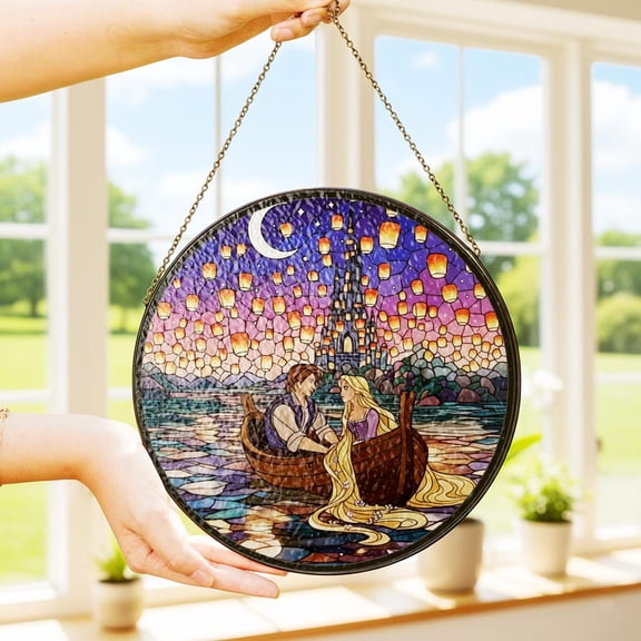 Disney Tangled Glass Suncatcher, Rapunzel Princess Window Hanging, Fairytale Home Decor, 7.9 in