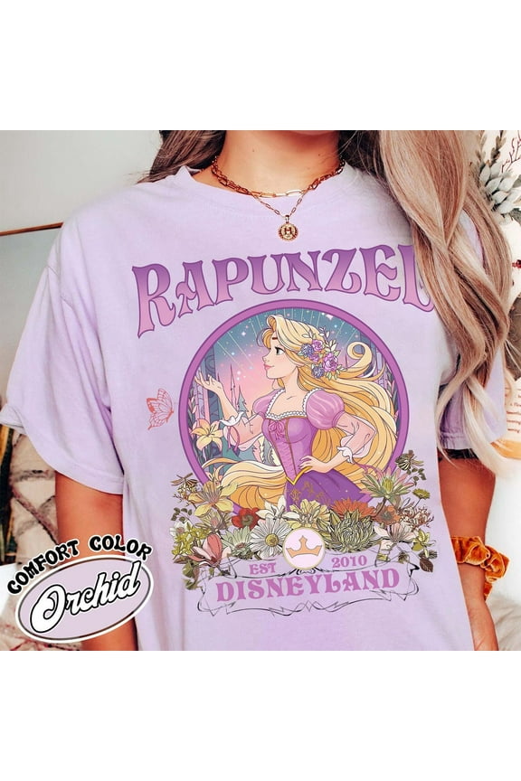 Disney Tangled Princess Rapunzel Floral Retro T-Shirt, Disney Princess Rapunzel Shirt, Disneyland Princess Girl Trip Tee,Orchid color,size M