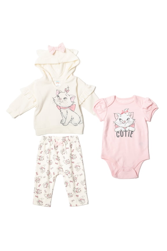 The Aristocats Marie Infant Baby Boys or Girls Fleece Hoodie Bodysuit and Pants 3 Piece Outfit Set Newborn to Infant