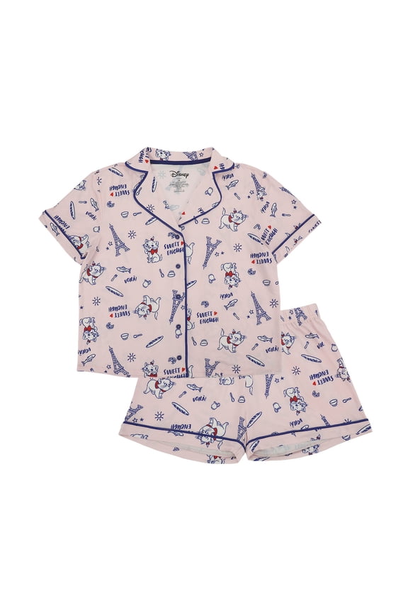 Disney The Aristocats Marie Women's Notch Collar Button-Down Shirt and Shorts Sleepwear Set -Small