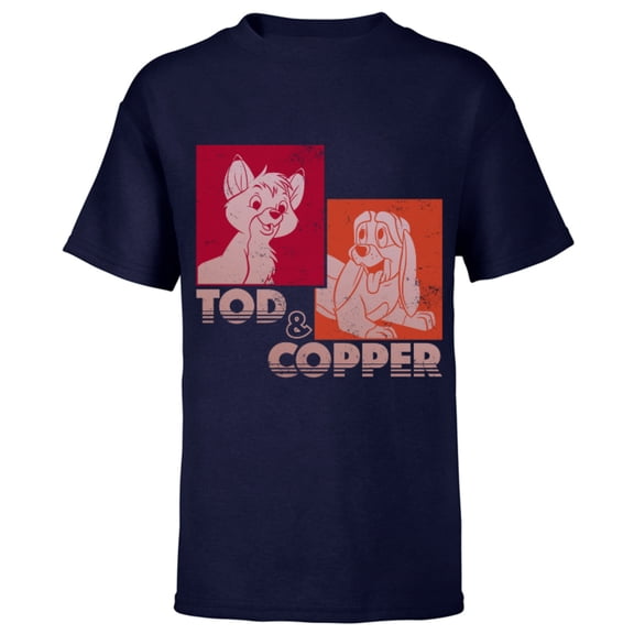 Disney The Fox and the Hound Tod & Copper Retro - Short Sleeve T-Shirt for Kids -Customized-Navy