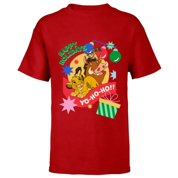 Disney The Lion King Simba Timon Pumbaa Happy Holidays - Short Sleeve T-Shirt for Kids - Customized-Red