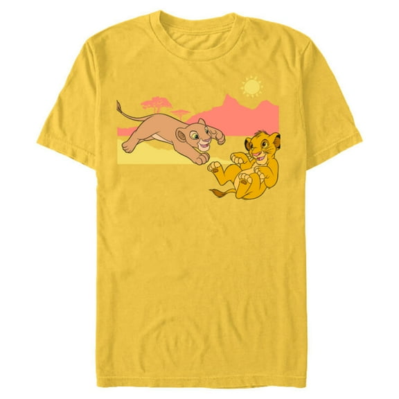 Disney The Lion King Young Simba Nala Playing - Short Sleeve Blended T-Shirt for Adults - Customized-Yellow