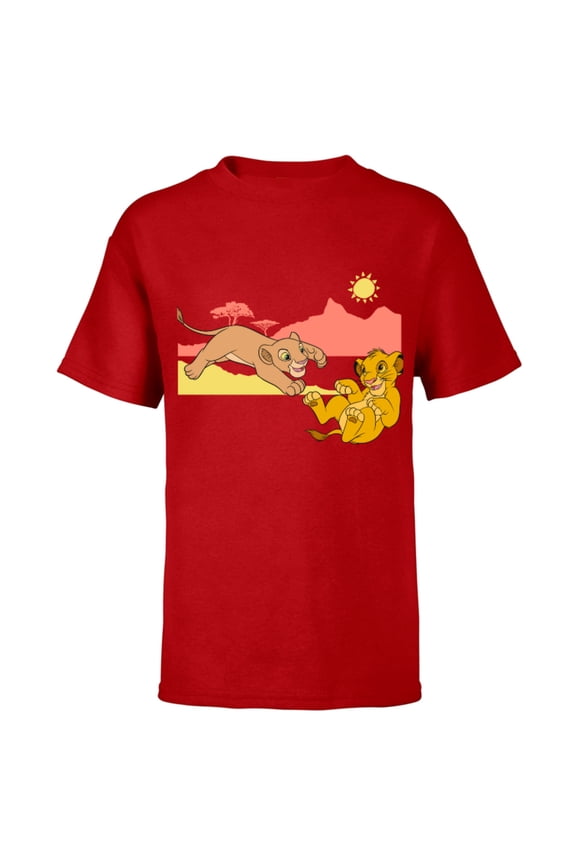 The Lion King Young Simba Nala Playing - Short Sleeve T-Shirt for Kids - Customized-Red