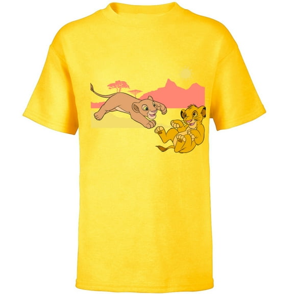Disney The Lion King Young Simba Nala Playing - Short Sleeve T-Shirt for Kids - Customized-Yellow