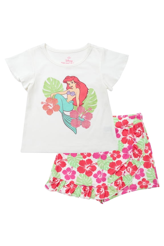 The Little Mermaid Ariel Short Sleeve Shirt and Skirt Outfit, Girls 2 Piece Skort Set for Toddlers (White, 3T)