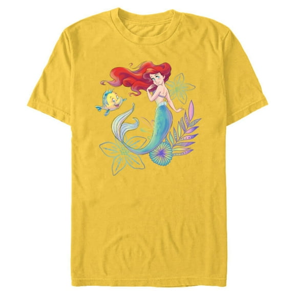 Disney The Little Mermaid Ariel and Flounder Sea - Short Sleeve Blended T-Shirt for Adults -Customized-Yellow