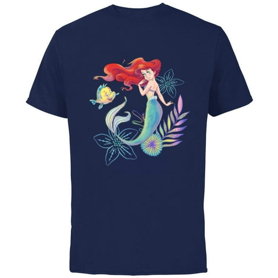 Disney The Little Mermaid Ariel and Flounder Sea - Short Sleeve Cotton T-Shirt for Adults -Customized-Navy