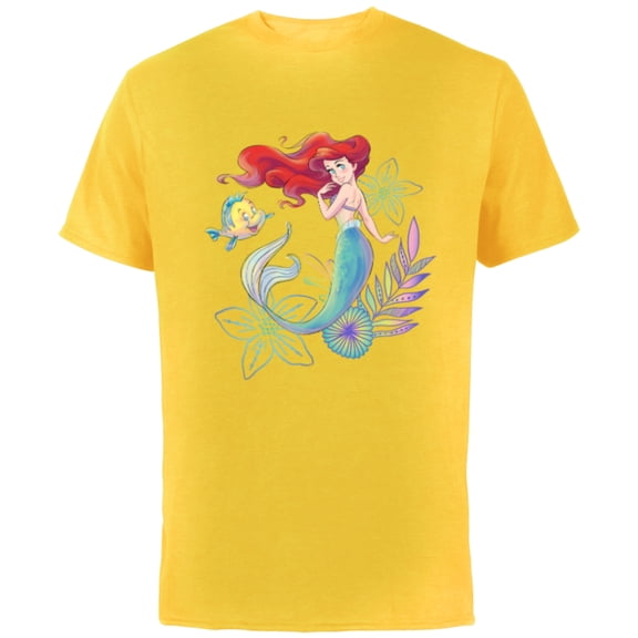 Disney The Little Mermaid Ariel and Flounder Sea - Short Sleeve Cotton T-Shirt for Adults -Customized-Yellow