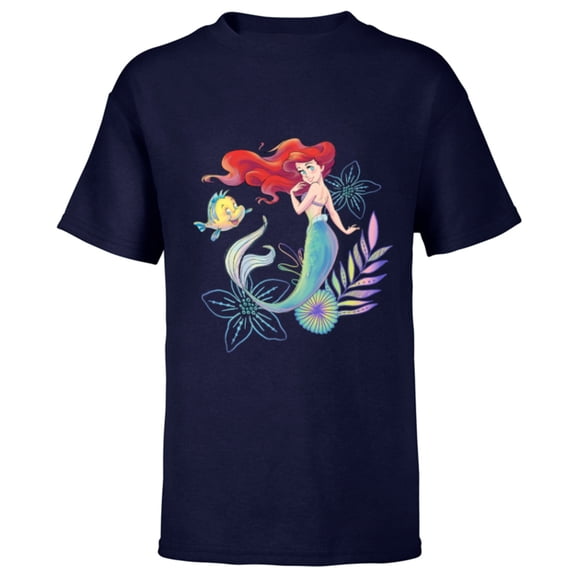 Disney The Little Mermaid Ariel and Flounder Sea - Short Sleeve T-Shirt for Kids -Customized-Navy