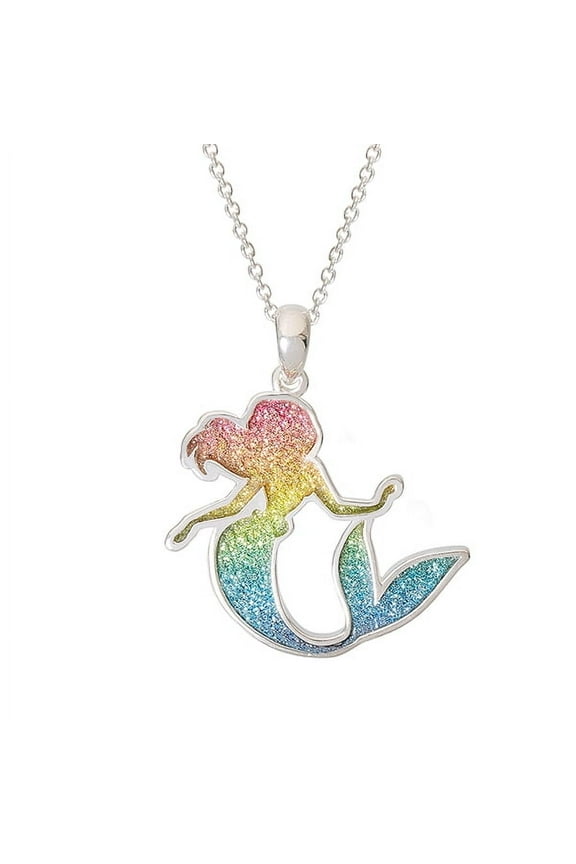Jewelry for Women, Princess Ariel Rainbow Glitter Pendant Necklace, Silver Plated, 18?