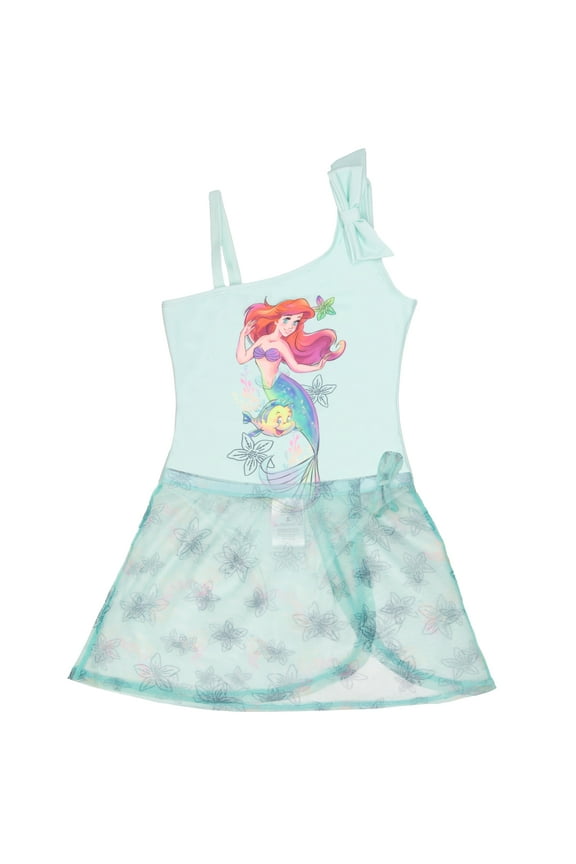 The Little Mermaid, Minnie Mouse Girls Swimsuit Set, One Piece Bathing Suit and Coverup Skirt, Swimwear for Kids (Size 2T-6X)