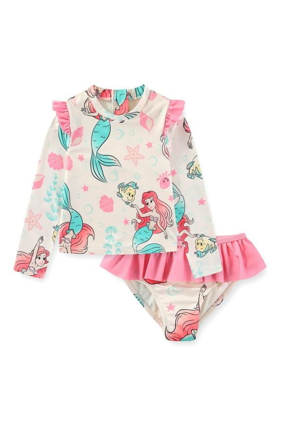 The Little Mermaid UPF 50+ Long Sleeve Rash Guard and Bikini Bottom (Girls), 2 Piece Swimsuit Set, Sizes 4-6X