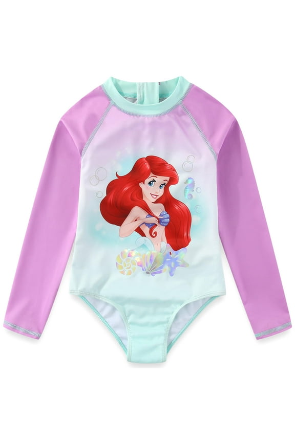 The Little Mermaid UPF 50+ One Piece Long Sleeve Rash Guard Bathing Suit (Girls), Sizes 2T-6