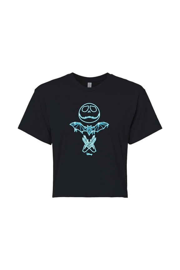 - The Nightmare Before Christmas - Jack Glows Blue - Juniors Cropped Cotton Blend T-Shirt