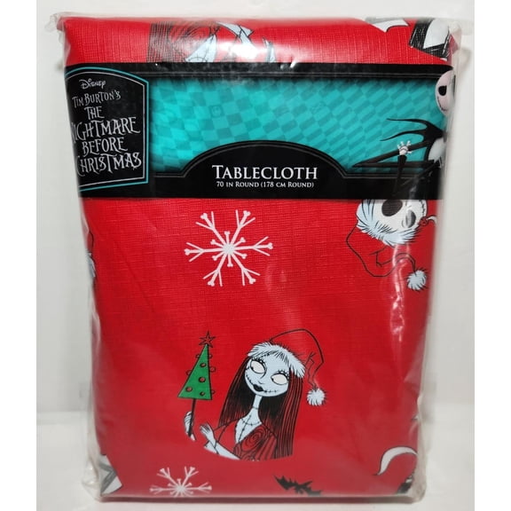 Disney The Nightmare Before Christmas Jack Skellington Sandy Claws, Sally and Zero Red Tablecloth - 70 Inches Round
