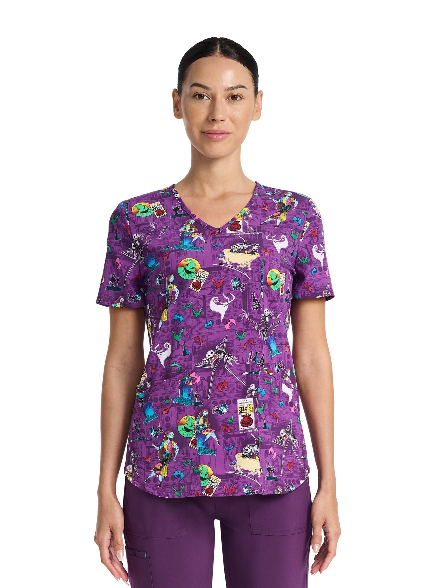 Disney The Nightmare Before Christmas Skellington Women's V-Neck Print Scrub Top, Sizes XS-3XL