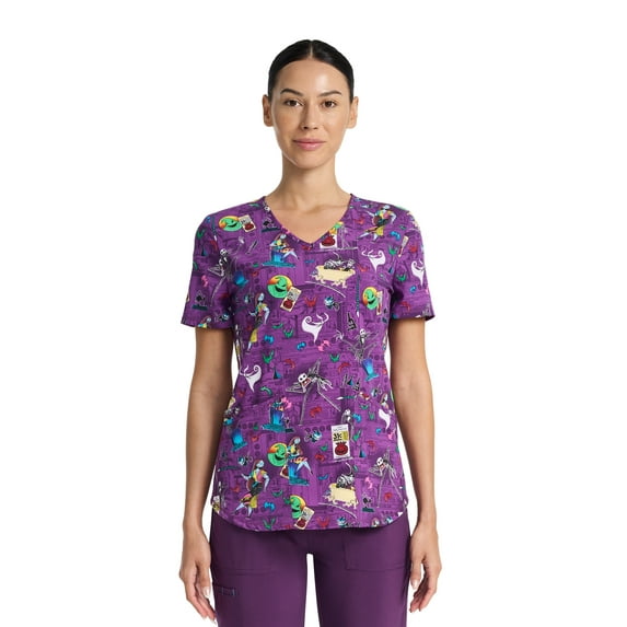 Disney The Nightmare Before Christmas Skellington Women's V-Neck Print Scrub Top, Sizes XS-3XL
