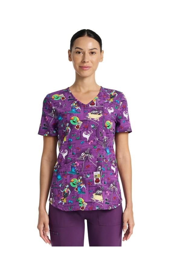 Disney The Nightmare Before Christmas Skellington Women's V-Neck Print Scrub Top