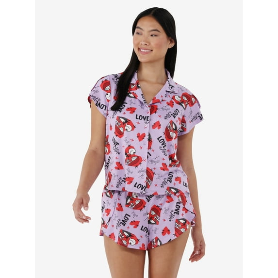 Disney The Nightmare Before Christmas Women's Valentine's Day Notch Collar Top and Shorts, 2 Piece Pajama Set, Sizes XS-3X
