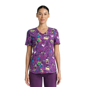 Disney The Nightmare Before Christmas Skellington Women's V-Neck Print Scrub Top