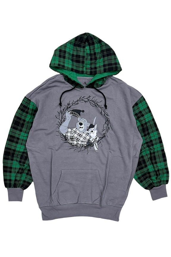 Theme Park Men's Robin Hood & Little John Plaid Detail Hoodie Sweatshirt (X-Small, Grey/Green Plaid)