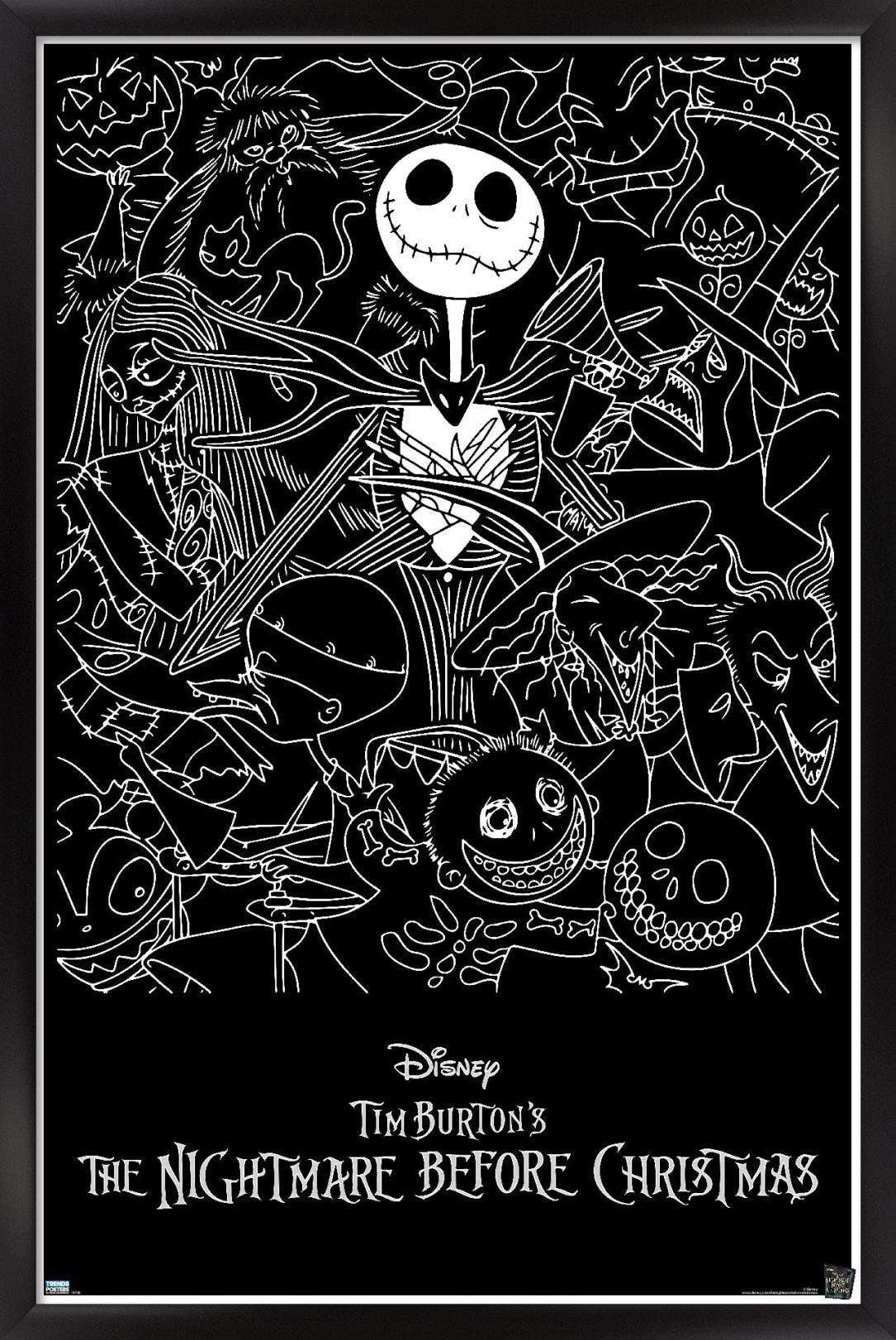 Disney Tim Burton's The Nightmare Before Christmas - Black and White Wall Poster, 14.725" x 22.375", Framed