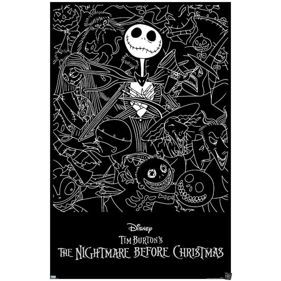 Disney Tim Burton's The Nightmare Before Christmas - Black and White Wall Poster, 14.725" x 22.375"