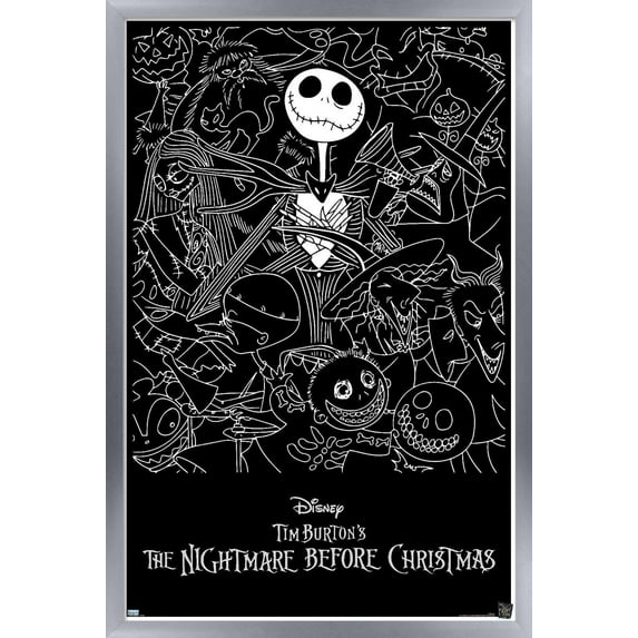 Disney Tim Burton's The Nightmare Before Christmas - Black and White Wall Poster, 22.375" x 34", Framed