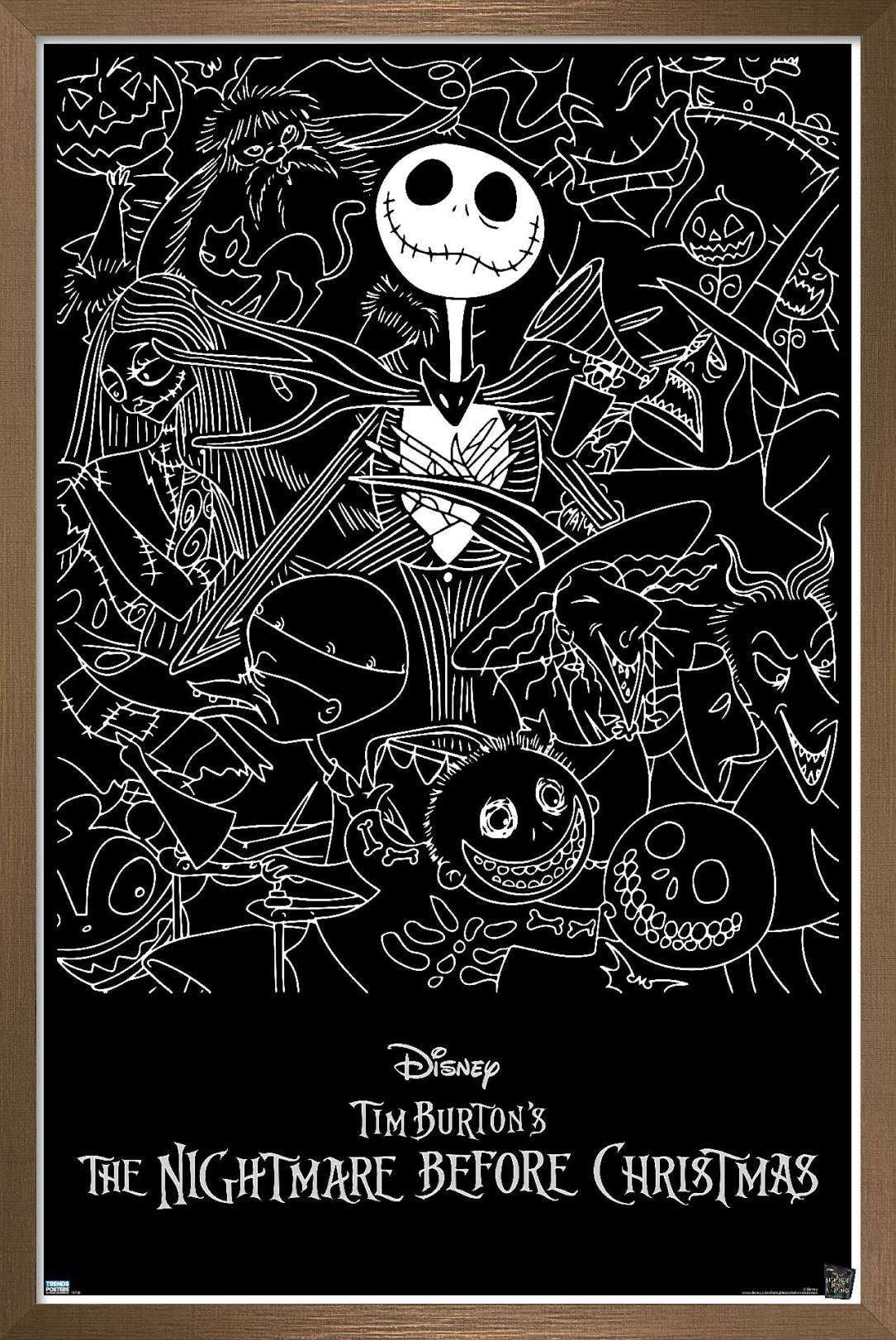 Disney Tim Burton's The Nightmare Before Christmas - Black and White Wall Poster, 22.375" x 34", Framed