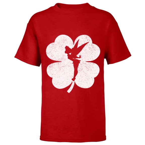 Disney Tinker Bell 4-Leaf Clover Silhouette St Patrick's Day - Short Sleeve T-Shirt for Kids - Customized-Red