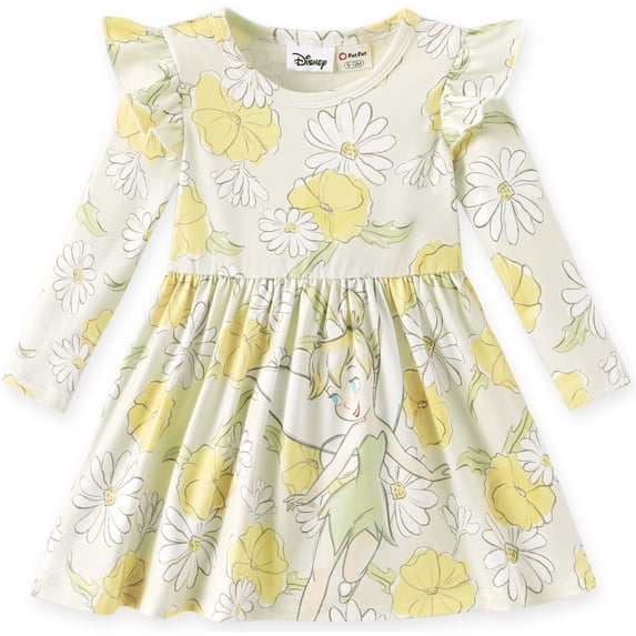 Disney Tinker Bell Baby Toddler Girls Dresses Floral Long Sleeve Ruffle Spring Fall Easter Dress