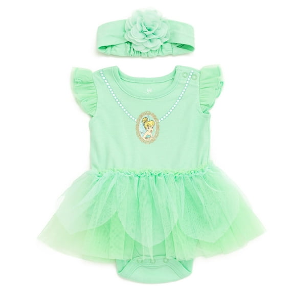 Disney Tinker Bell Cosplay Bodysuit With Skirt Overlay and Headband Outfit Set Newborn to Infant