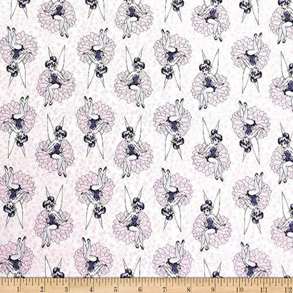 Disney Tinker Bell Sitting On A Flower in White Fabric by the Yard