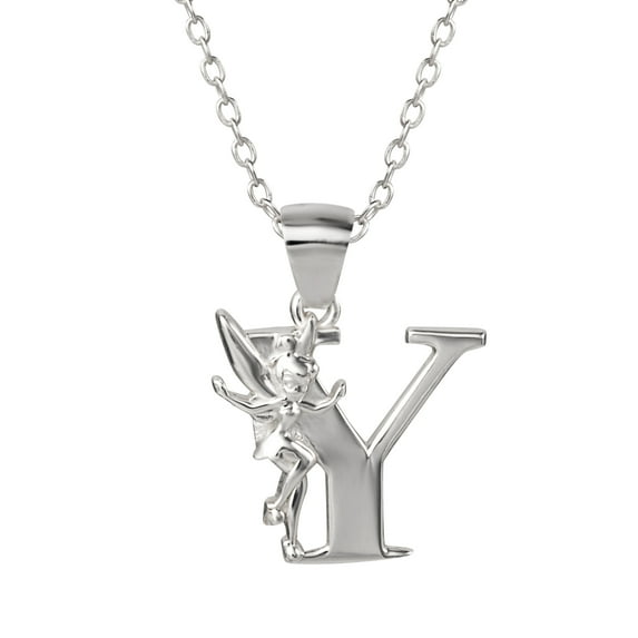 Disney Tinkerbell Women's Sterling Silver Initial Pendant Necklace, 18" Chain