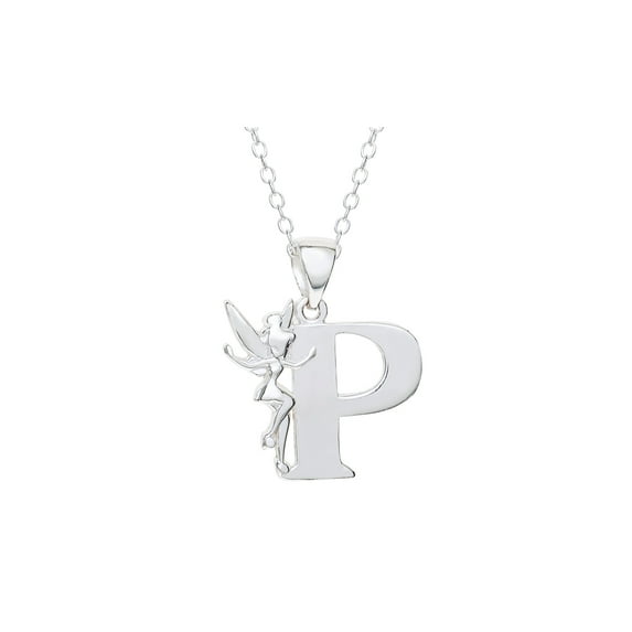 Disney Tinkerbell Women's Sterling Silver Initial Pendant Necklace, 18" Chain