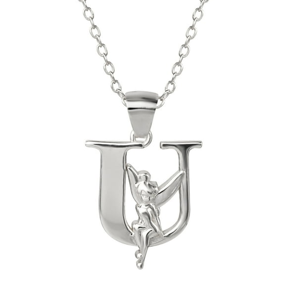 Disney Tinkerbell Women's Sterling Silver Initial Pendant Necklace, 18" Chain