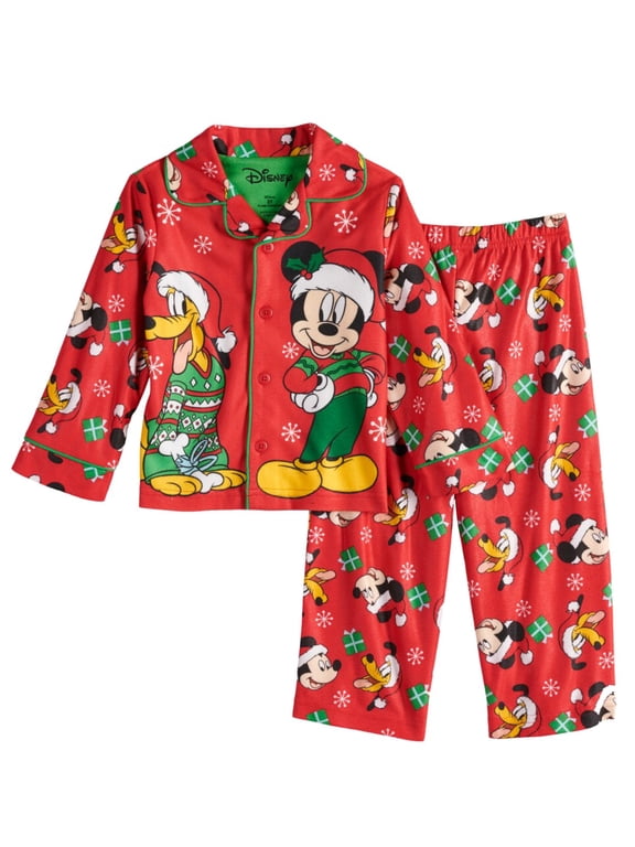 Toddler Boys Mickey & Pluto Red Christmas Button Up Pajamas Sleep Set 2T