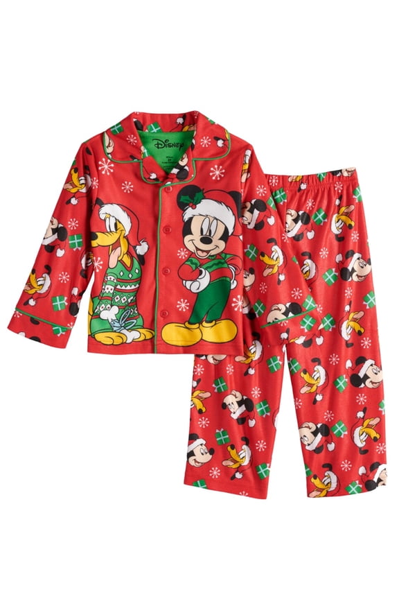 Toddler Boys Mickey & Pluto Red Christmas Button Up Pajamas Sleep Set 2T