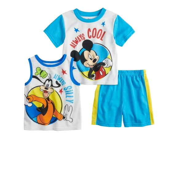 Disney Toddler Boys White Mickey Mouse & Goofy 3 Piece Pajama Set Sleepwear 3T
