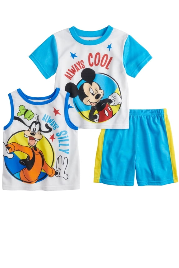 Toddler Boys White Mickey Mouse & Goofy 3 Piece Pajama Set Sleepwear 3T