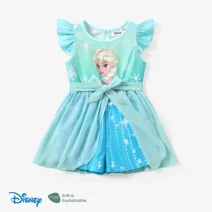 Disney Toddler Girl Jumpsuit Dress, Frozen Elsa Romper with Tulle Skirt Ruffled Sleeve Blue 4-5T