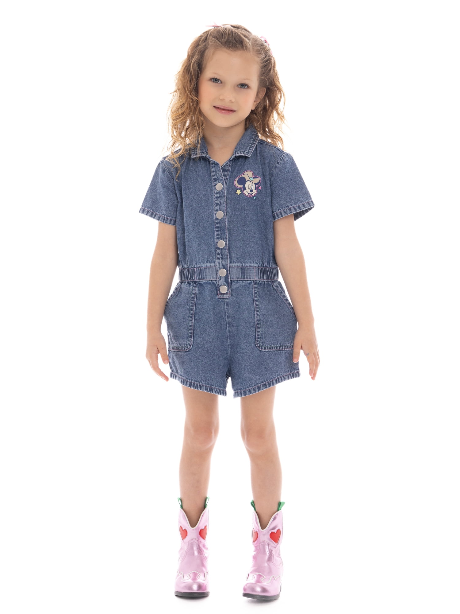 Minnie Mouse Toddler Girl Western Graphic Print Short Sleeve Denim Romper, Sizes 12M-5T