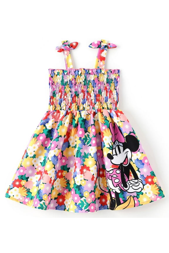 Toddler Girls Dresses Minnie Mouse Graphic Cute Flower Bow Suspender Smocked Dress Size 4-5T