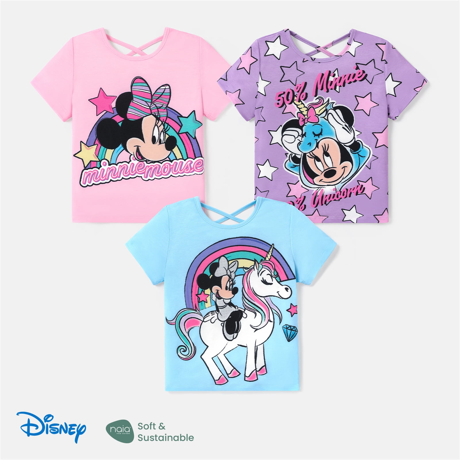 Nautinati Girls' 100% Cotton Crew Neck Disney Floral Minnie Mouse Placement Print T-shirt