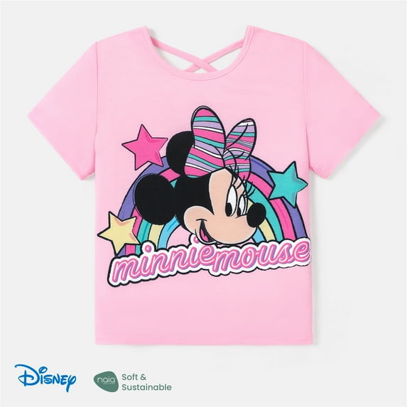 Disney Toddler Girls Graphic Tee, Minnie Mouse Character Outfit Cloth, Graphic Print Short Sleeve T-Shirt Rainbow Pink 7-8T